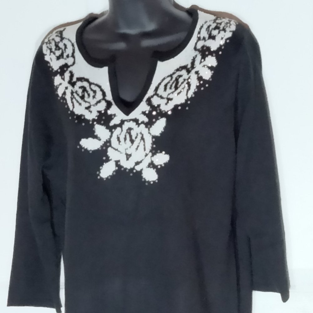 Cathy Daniels Black Sweater with white Floral trim